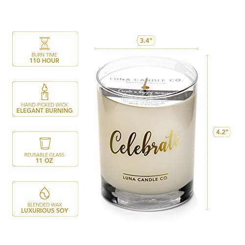 LUNA CANDLE CO. Vanilla Scented Jar Candle in 11oz. Clear Glass, Single Wick, Soy Wax, Up to 110 Hours of Burn Time, Great Gift for Home, Wedding, Birthday, Spa- Celebrate