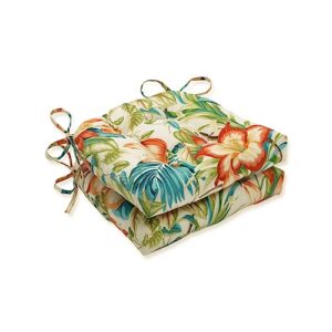pillow perfect tropic floral indoor/outdoor chairpad with ties, reversible, tufted, weather, and fade resistant, 15.5" x 16", blue/green botanical glow, 2 count