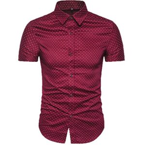 MUSE FATH Men's Printed Dress Shirt-Cotton Casual Short Sleeve Shirt-Interview Dress Shirt-Wine Red-XL