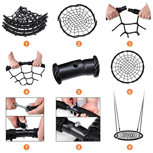 SUPER DEAL 40'' Spider Web Tree Swing Round Net Swing Platform Rope Swing Set for Kids Adult, 71" Detachable Nylon Rope with Swivel for Outdoor Backyard, Max 660 Lbs Extra Safe Steel Frame, Black