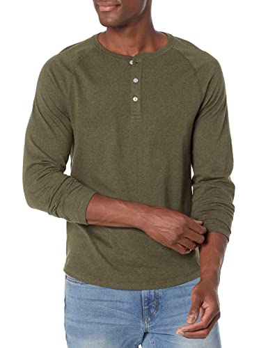 Amazon Essentials Men's Slim-Fit Long-Sleeve Henley Shirt, Olive Heather, Medium