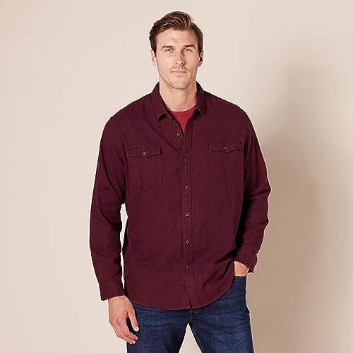 Amazon Essentials Men's Regular-Fit Long-Sleeve Two-Pocket Flannel Shirt, Burgundy Heather, Large