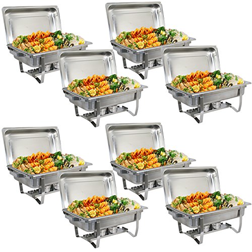 SUPER DEAL 8 Qt Stainless Steel 8 Pack Full Size Chafer Dish w/Water Pan, Food Pan, Fuel Holder and Lid For Buffet/Weddings/Parties/Banquets/Catering Events (8)