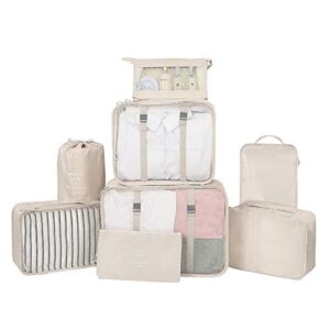 belsmi 8 set packing cubes with shoe bag - compression travel luggage organizer (beige)