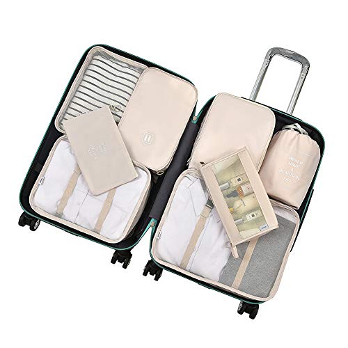 Belsmi 8 Set Packing Cubes with Shoe Bag - Compression Travel Luggage Organizer (Beige)