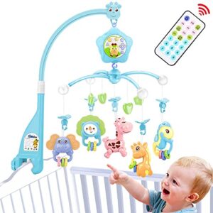 baby mobiles for crib, crib toys with music and lights,remote, lamp, projector for pack and play, for ages 0+ months (blue-forest)