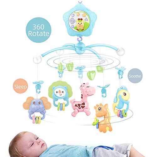 Baby Mobiles for Crib, Crib Toys with Music and Lights,Remote, lamp, Projector for Pack and Play, for Ages 0+ Months (Blue-Forest)