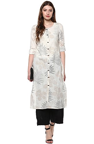 Janasya Indian Women's Tunic Tops Cotton Kurti for Women(JNE2171-KR-437-M) Off-White