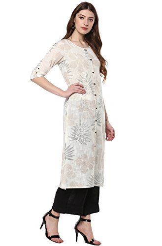 Janasya Indian Women's Tunic Tops Cotton Kurti for Women(JNE2171-KR-437-M) Off-White