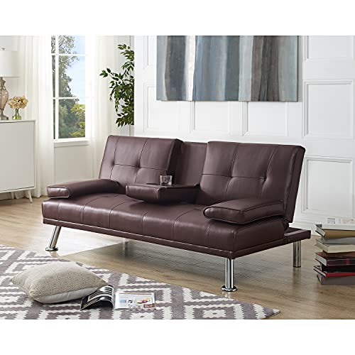 Futon Sofa Bed, Faux Leather Futon Couch with Armrest and 2 Cupholders, Pull Out Sofa Bed Couch Convertible with Metal Legs, Folding, Reclining Small Couch Bed, Futon Bed for Living Room - Espresso