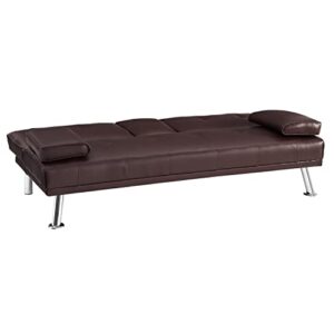 Futon Sofa Bed, Faux Leather Futon Couch with Armrest and 2 Cupholders, Pull Out Sofa Bed Couch Convertible with Metal Legs, Folding, Reclining Small Couch Bed, Futon Bed for Living Room - Espresso