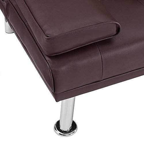 Futon Sofa Bed, Faux Leather Futon Couch with Armrest and 2 Cupholders, Pull Out Sofa Bed Couch Convertible with Metal Legs, Folding, Reclining Small Couch Bed, Futon Bed for Living Room - Espresso