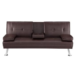 Futon Sofa Bed, Faux Leather Futon Couch with Armrest and 2 Cupholders, Pull Out Sofa Bed Couch Convertible with Metal Legs, Folding, Reclining Small Couch Bed, Futon Bed for Living Room - Espresso