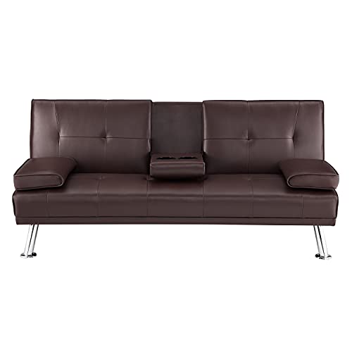 Futon Sofa Bed, Faux Leather Futon Couch with Armrest and 2 Cupholders, Pull Out Sofa Bed Couch Convertible with Metal Legs, Folding, Reclining Small Couch Bed, Futon Bed for Living Room - Espresso