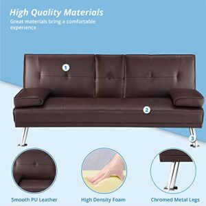 Futon Sofa Bed, Faux Leather Futon Couch with Armrest and 2 Cupholders, Pull Out Sofa Bed Couch Convertible with Metal Legs, Folding, Reclining Small Couch Bed, Futon Bed for Living Room - Espresso