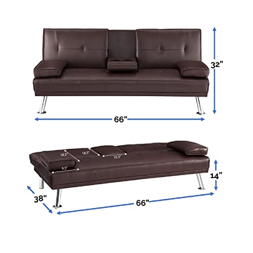 Futon Sofa Bed, Faux Leather Futon Couch with Armrest and 2 Cupholders, Pull Out Sofa Bed Couch Convertible with Metal Legs, Folding, Reclining Small Couch Bed, Futon Bed for Living Room - Espresso
