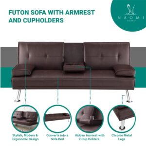 Futon Sofa Bed, Faux Leather Futon Couch with Armrest and 2 Cupholders, Pull Out Sofa Bed Couch Convertible with Metal Legs, Folding, Reclining Small Couch Bed, Futon Bed for Living Room - Espresso