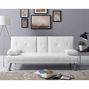 futon sofa bed, faux leather futon couch with armrest and 2 cupholders, pull out sofa bed couch convertible with metal legs, folding, reclining small couch bed, futon bed for living room - white