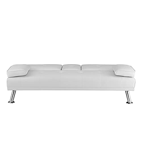 Futon Sofa Bed, Faux Leather Futon Couch with Armrest and 2 Cupholders, Pull Out Sofa Bed Couch Convertible with Metal Legs, Folding, Reclining Small Couch Bed, Futon Bed for Living Room - White