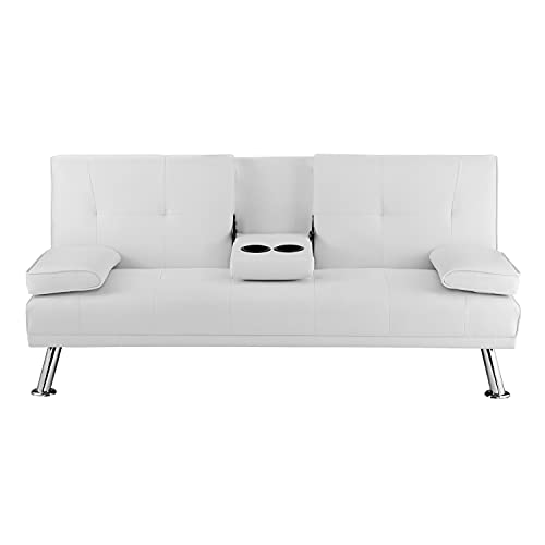 Futon Sofa Bed, Faux Leather Futon Couch with Armrest and 2 Cupholders, Pull Out Sofa Bed Couch Convertible with Metal Legs, Folding, Reclining Small Couch Bed, Futon Bed for Living Room - White