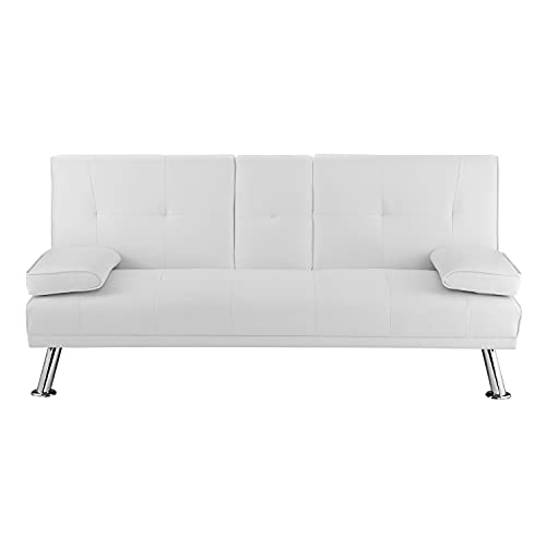 Futon Sofa Bed, Faux Leather Futon Couch with Armrest and 2 Cupholders, Pull Out Sofa Bed Couch Convertible with Metal Legs, Folding, Reclining Small Couch Bed, Futon Bed for Living Room - White