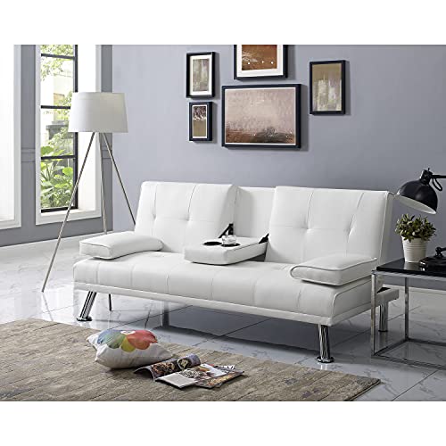 Futon Sofa Bed, Faux Leather Futon Couch with Armrest and 2 Cupholders, Pull Out Sofa Bed Couch Convertible with Metal Legs, Folding, Reclining Small Couch Bed, Futon Bed for Living Room - White