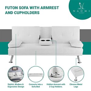 Futon Sofa Bed, Faux Leather Futon Couch with Armrest and 2 Cupholders, Pull Out Sofa Bed Couch Convertible with Metal Legs, Folding, Reclining Small Couch Bed, Futon Bed for Living Room - White