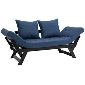 homcom single person 3 position convertible chaise lounger sofa bed with 2 large pillows and oak frame, dark blue