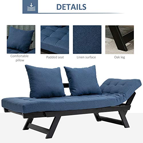 HOMCOM Single Person 3 Position Convertible Chaise Lounger Sofa Bed with 2 Large Pillows and Oak Frame, Dark Blue