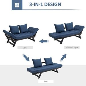 HOMCOM Single Person 3 Position Convertible Chaise Lounger Sofa Bed with 2 Large Pillows and Oak Frame, Dark Blue