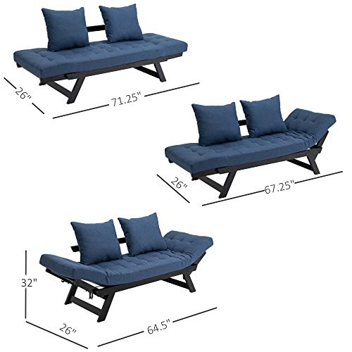 HOMCOM Single Person 3 Position Convertible Chaise Lounger Sofa Bed with 2 Large Pillows and Oak Frame, Dark Blue