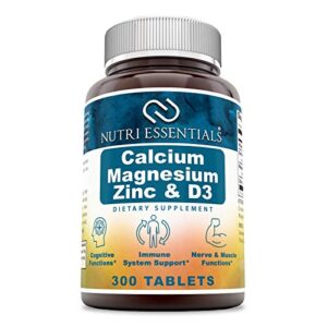 nutri essentials calcium magnesium zinc + vitamin d3 tablets- promotes strong bones & teeth, support nerve & muscle function* (300 count)