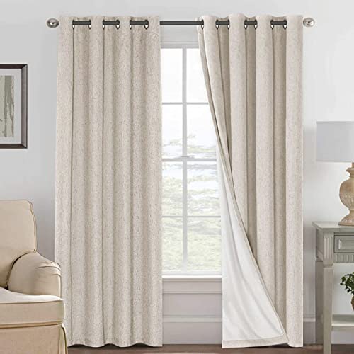 Linen Blackout Curtains 108 Inches Long 100% Absolutely Blackout Thermal Insulated Textured Linen Look Curtain Draperies Anti-Rust Grommet, Energy Saving with White Liner, 2 Panels, Natural