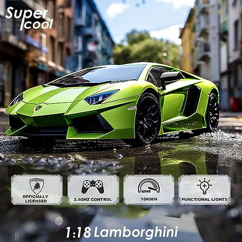 QUN FENG RC Car 1:18 Lamborghini Aventador 2.4 G Radio Remote Control, Electric, Sport Racing Hobby Toy Car Grade Licensed Model Vehicle for Kids Boys and Girls Best Gift (Green)