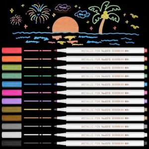 fine tip metallic marker pens, set of 12 assorted colors for painting, scrapbooking, calligraphy and diy crafts including greeting cards, photo albums, rock art and mugs - perfect for valentine's day