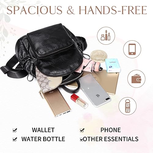 VASCHY Mini Backpack Purse, Cute Faux Leather Small Backpack Purse for Women with Double Compartment Black