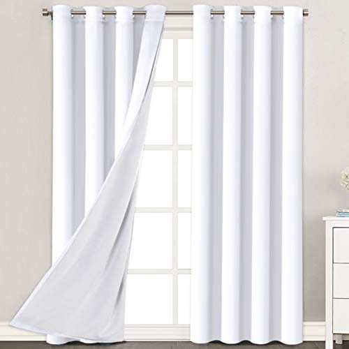 H.VERSAILTEX White Blackout Curtains 96 Inches Long (2 Layers) Light Blocking Lined Window Curtain Draperies for Bedroom Thermal Insulated Soft Thick Silky Grommet 2 Panels, White with White Liner