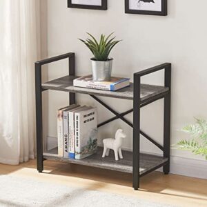 bon augure small bookshelf for small space, 2 shelf low metal bookcase, industrial two tier floor book shelf for living room, bedroom and office (dark gray oak)