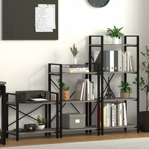 BON AUGURE Small Bookshelf for Small Space, 2 Shelf Low Metal Bookcase, Industrial Two Tier Floor Book Shelf for Living Room, Bedroom and Office (Dark Gray Oak)