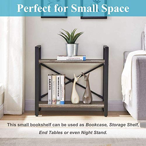 BON AUGURE Small Bookshelf for Small Space, 2 Shelf Low Metal Bookcase, Industrial Two Tier Floor Book Shelf for Living Room, Bedroom and Office (Dark Gray Oak)