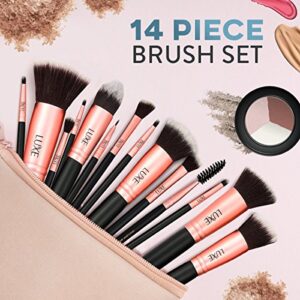 Luxe Premium Makeup Brushes Set for Face and Eye - Synthetic Brushes for Foundation, Powder, Blush, Eyeshadow - Brush Cleaning Solution Included - Perfect Make Up Brushes Kit, Beauty Brush Set (14pc)