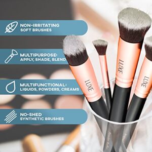 Luxe Premium Makeup Brushes Set for Face and Eye - Synthetic Brushes for Foundation, Powder, Blush, Eyeshadow - Brush Cleaning Solution Included - Perfect Make Up Brushes Kit, Beauty Brush Set (14pc)