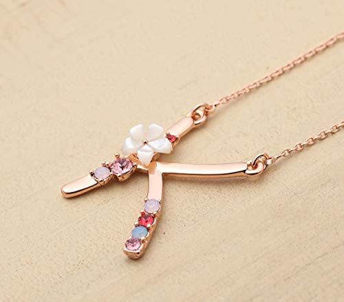 Flower Initial Necklace Amethyst Pink Ruby Red Opal Blue Simulated Pearl Pendant Name Jewelry Made with Swarovski Crystals Rose Gold Plated Anniversary Birthday Gifts for Women Girl,18"+2" (Letter K)