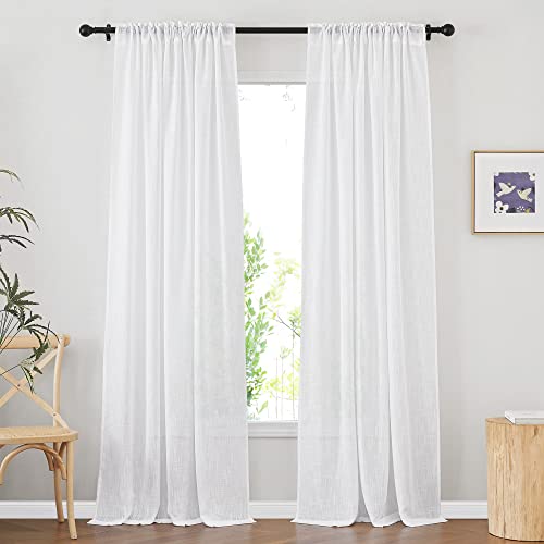 NICETOWN White Sheer Linen Curtains for Living Room, Rod Pocket & Back Tab Sweep to Floor Window Treatments Semi Sheer Drapes Privacy for Patio Door/Hall, 2 Panels, W52 x L95