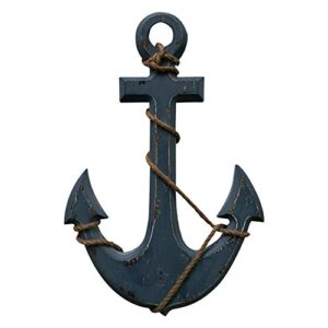 benzara nautical distressed hanging wooden anchor art decor with rope, blue