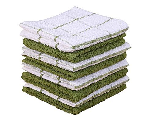 AMOUR INFINI Cotton Terry Kitchen Dish Cloths | Set of 8 | 12 x 12 Inches | Super Soft and Absorbent |100% Cotton Dish Rags | Perfect for Household and Commercial Uses | Green