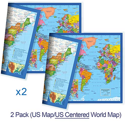 Classic United States USA and World Desk Map, 2-Sided Print, 2-Sided Sealed Lamination, Small Poster Size 11.5 x 17.5 inches (2 Desk Maps)