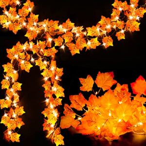[2pack] fall decor for home thanksgiving decorations lighted fall garland, total 16.4ft 40 led, fall decorations thanksgiving halloween decor maple leaves string lights for indoor room autumn harvest