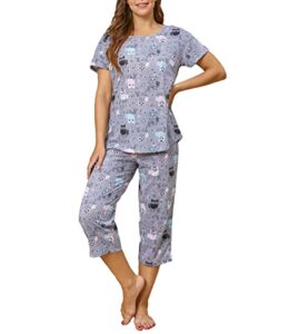 pnaeong women pajama set sleepwear tops with capri pants casual and fun prints pajama sets sy215-gray owl-m