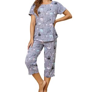 PNAEONG Women Pajama Set Sleepwear Tops with Capri Pants Casual and Fun Prints Pajama Sets SY215-Gray Owl-M